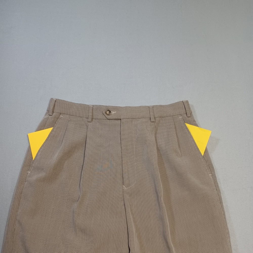 Ivy Crew Classics Mens 32x30 Tan Pleated Micro Check Cuffed Dress Pants Trousers - Picture 9 of 10